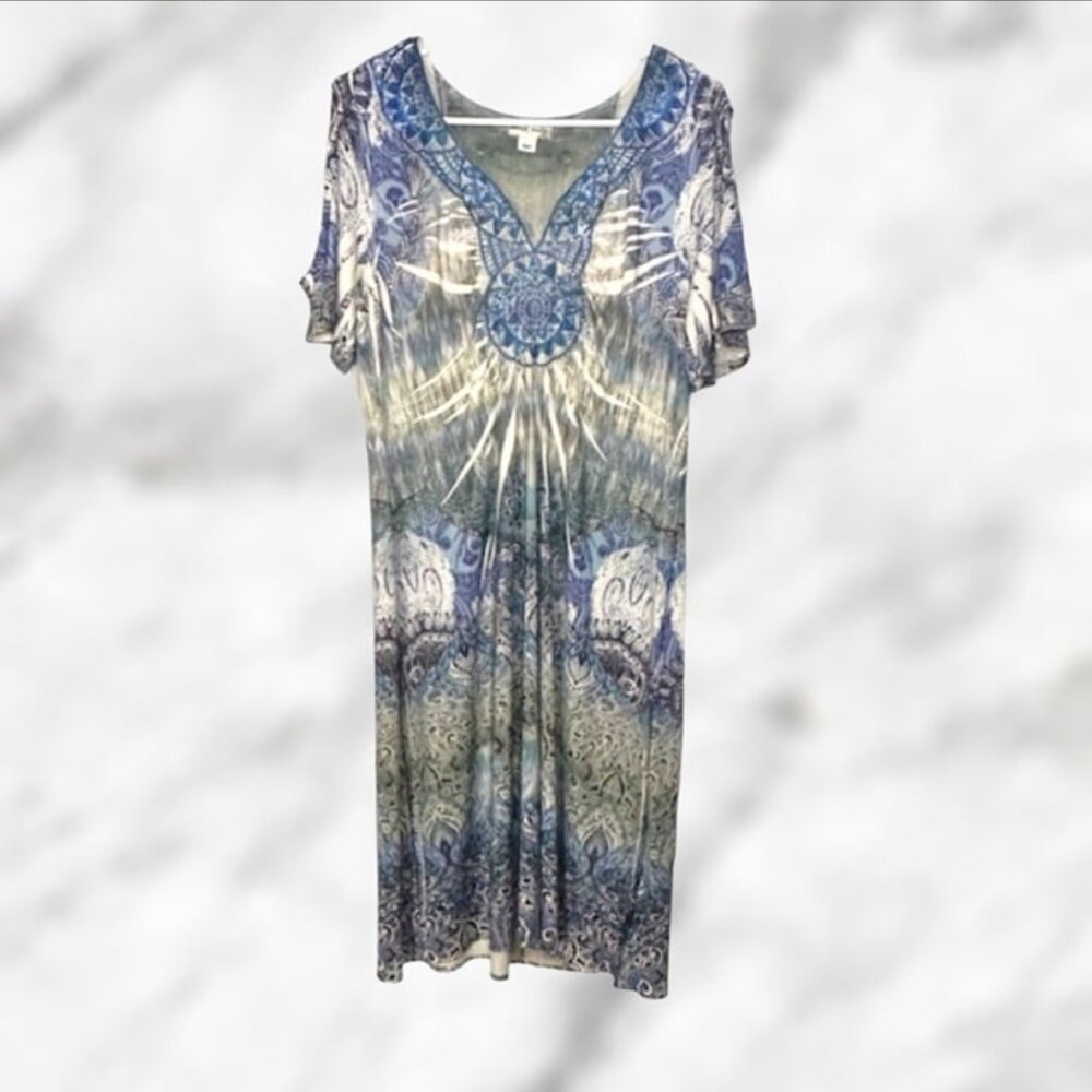 World Unity Blue Purple Paisley Boho Tunic Dress Size Large Embroidered V-Neck
